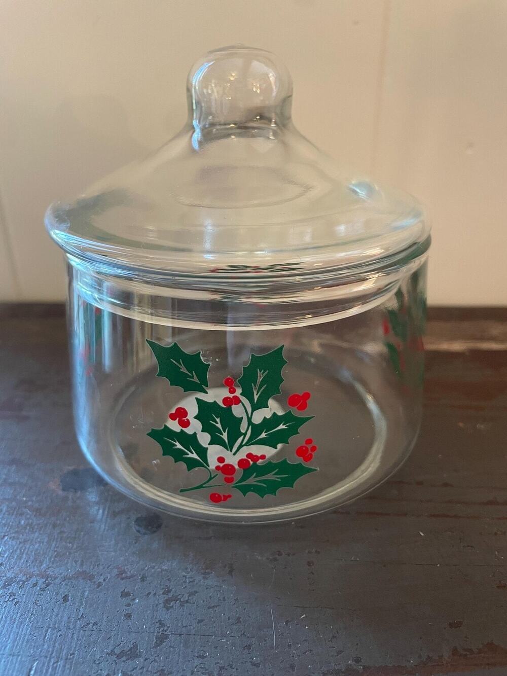 Vintage Indiana Glass "Holly Berry" clear glass candy jar with lid | EUC